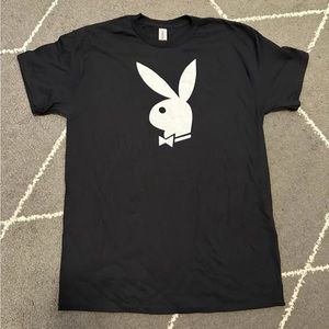 Black Tshirt either white screen printed playboy bunny logo